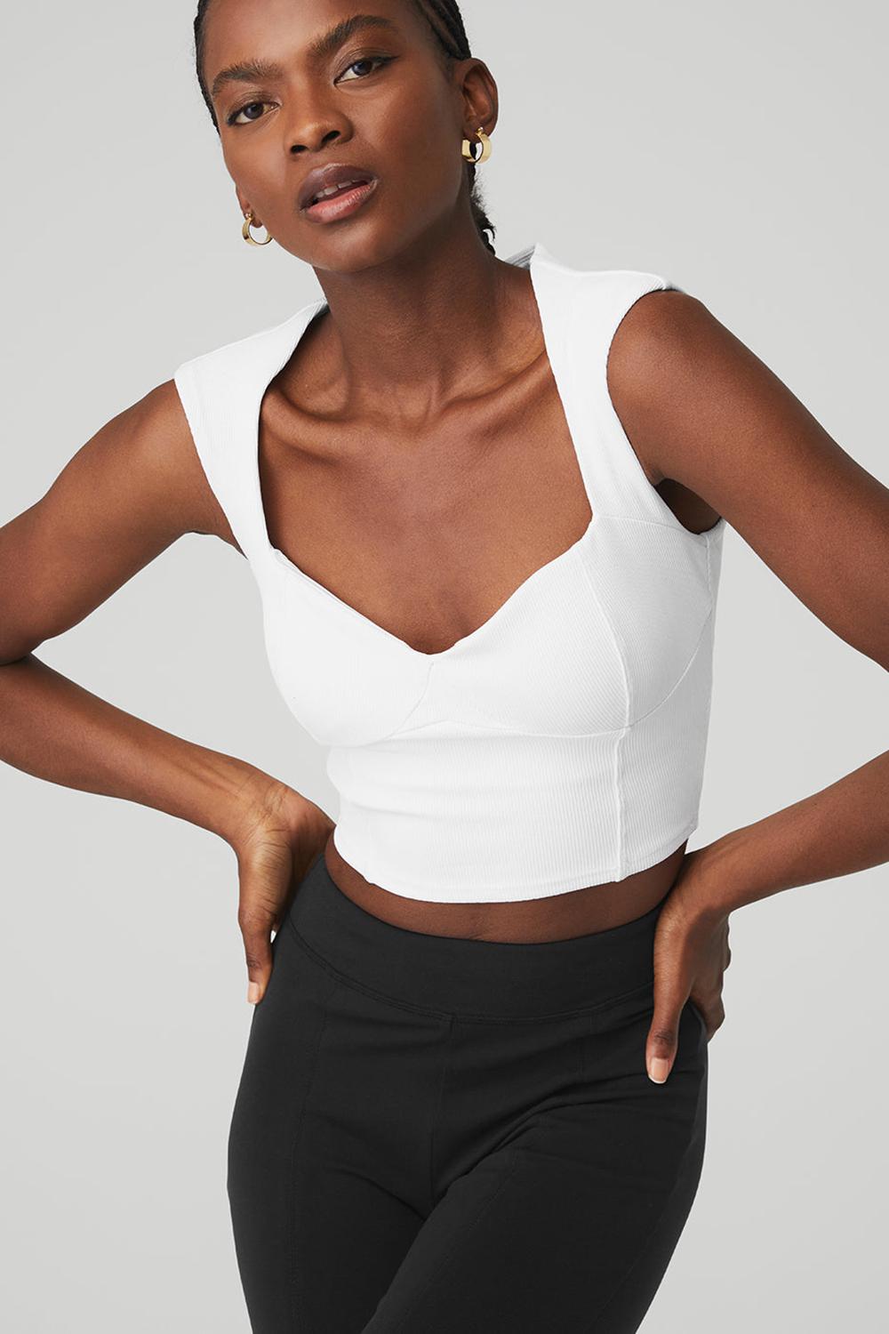 White Women Alo Yoga Ribbed Sweetheart Short Sleeve | Australia  90645-BGDA
