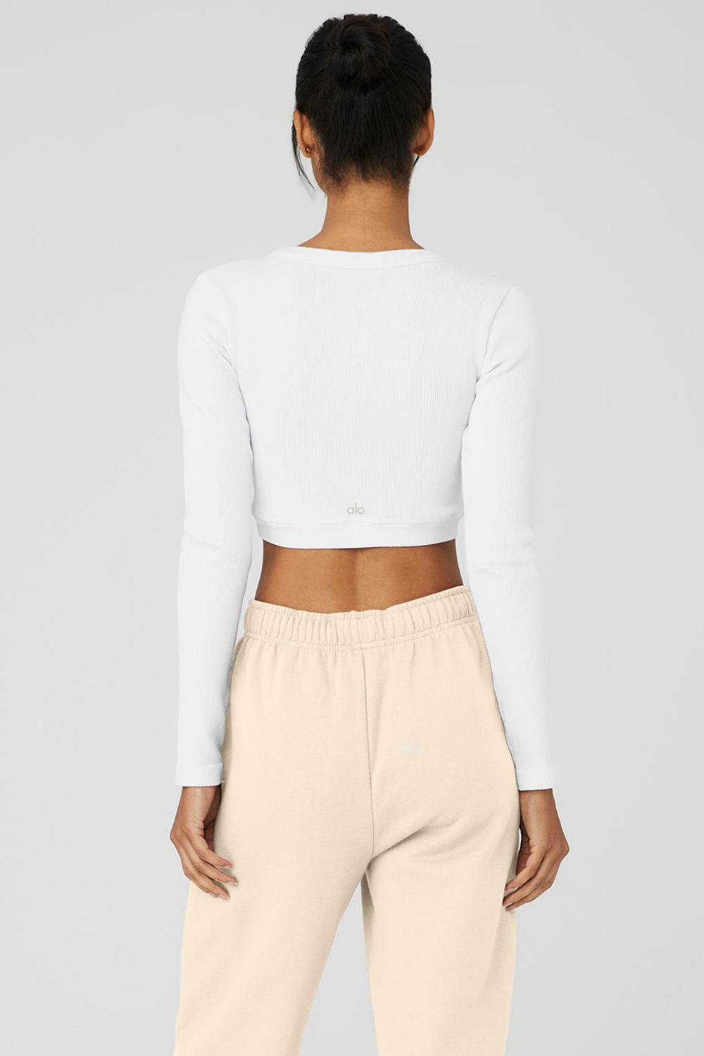 White Women Alo Yoga Seamless Ribbed Cropped Serene Long Sleeve | Australia  02149-WQHK
