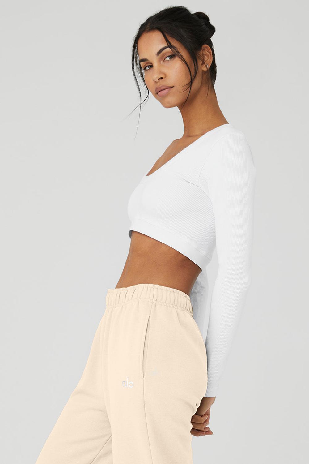 White Women Alo Yoga Seamless Ribbed Cropped Serene Long Sleeve | Australia  02149-WQHK