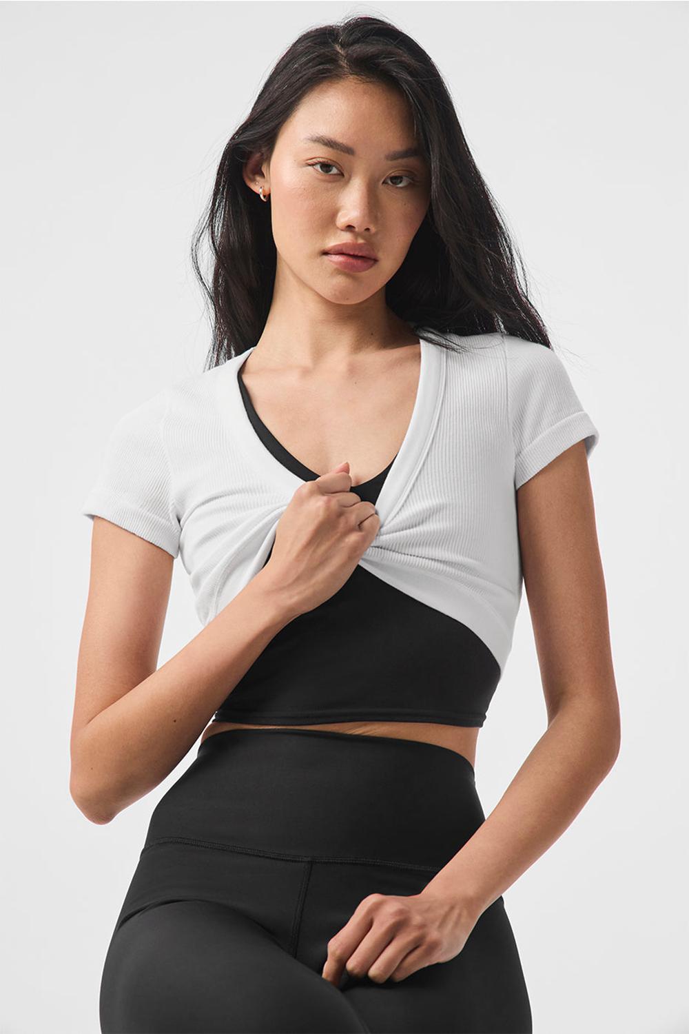 White Women Alo Yoga Seamless Ribbed Cropped Serene Short Sleeve | Australia  98563-PBOU